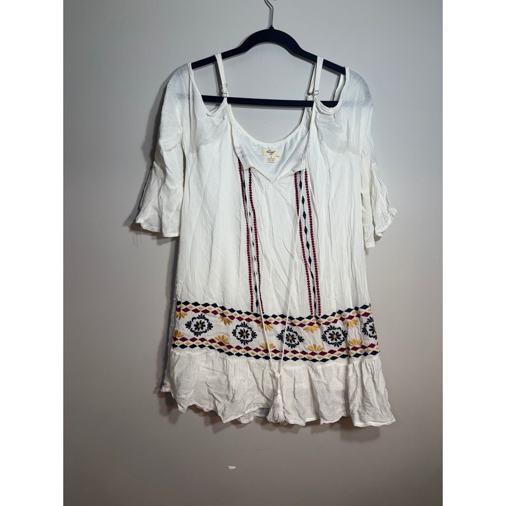 Exist‎ White Cold Shoulder Boho Mini Dress Tunic Embroidered Tassel S Small